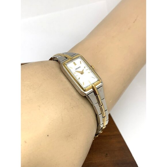 Seiko Women's Watch SWR044 Quartz Petite Tank Rectangle White Dial 2-Tone Steel - Picture 6 of 14